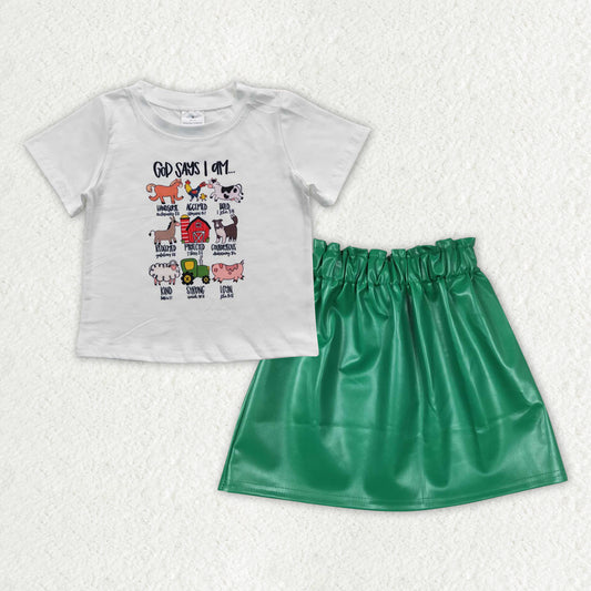 Baby Girls Farm Short Sleeve Tee Shirts Green Leather Skirt Clothes Sets