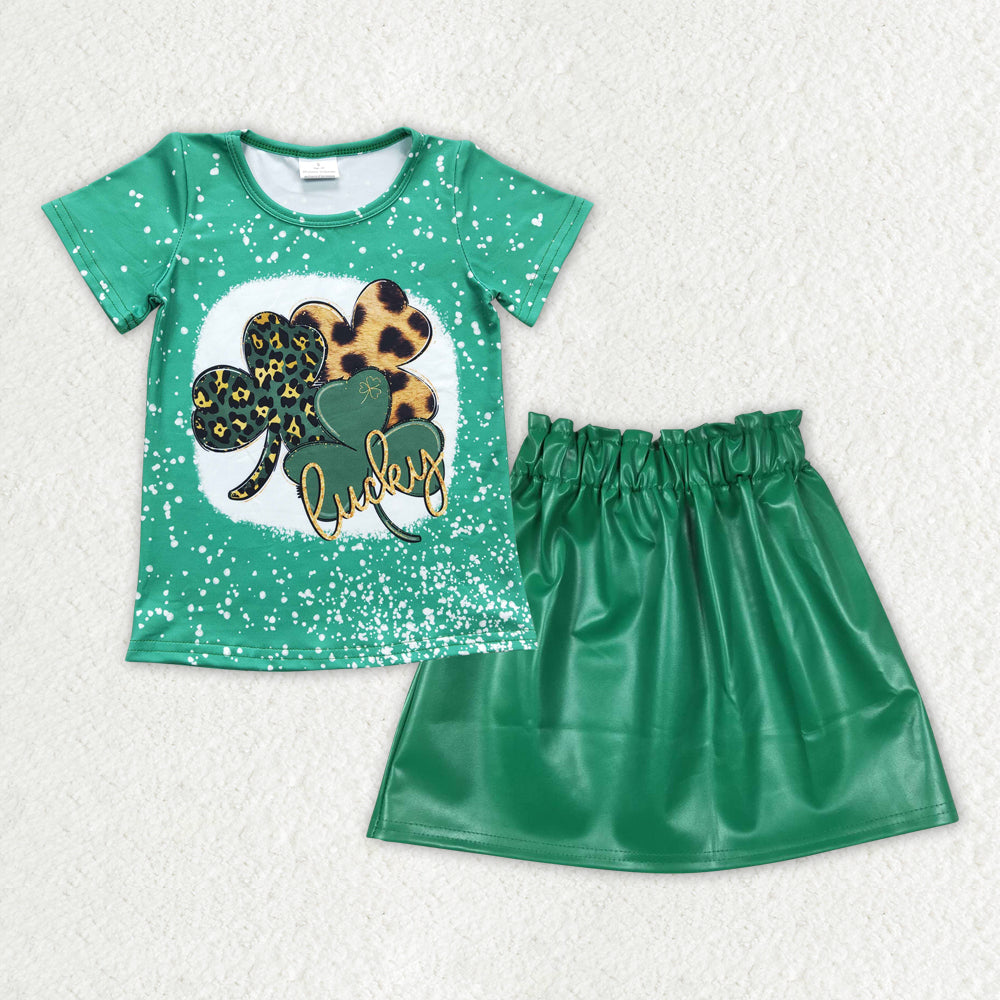 Baby Girls St Patrick Day Quatrefoil Tee Shirts Green Leather Skirt Clothes Sets