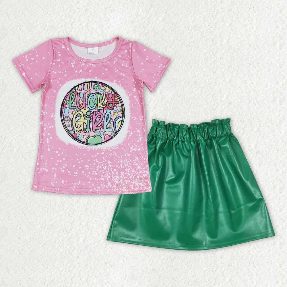 Baby Girls Lucky Girl Short Sleeve Tee Shirts Green Leather Skirt Clothes Sets