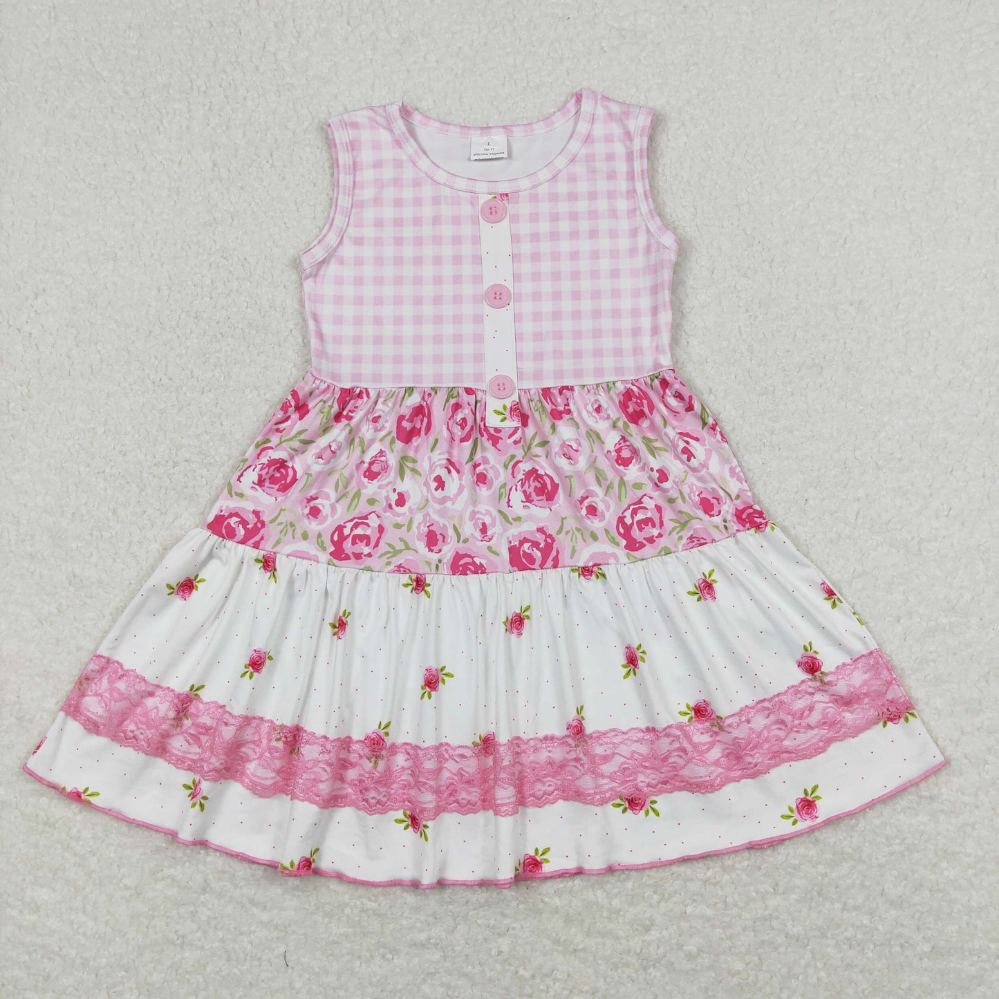 Sibling Baby Girls Pink Flowers Plaid Button Ruffle Knee Length Dresses