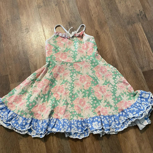 Baby Girls Straps Green Floral Double Ruffle Knee Length Dresses Preorder