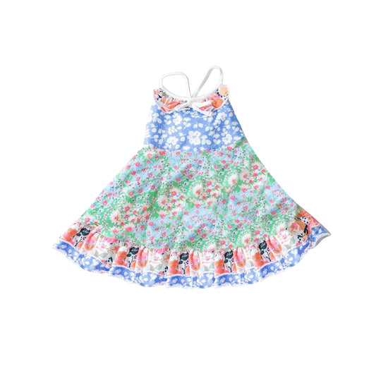 Baby Girls Straps Blue Floral Double Ruffle Knee Length Dresses Preorder