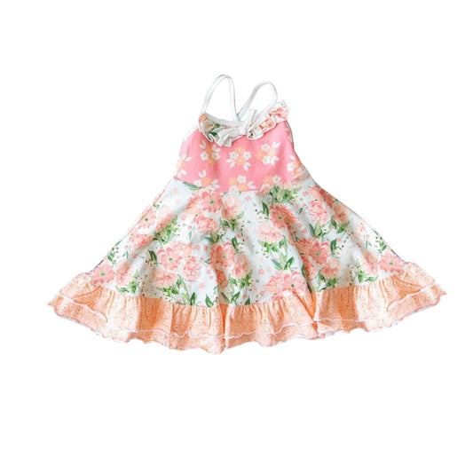 Baby Girls Straps Pink Floral Double Ruffle Knee Length Dresses Preorder