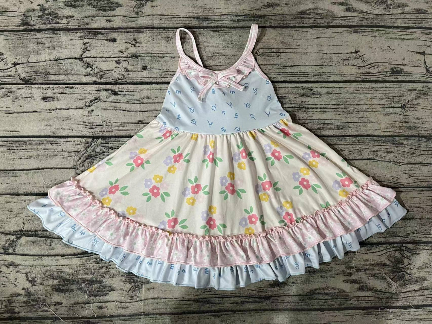 Baby Girls Straps Blue Small Flowers Ruffle Knee Length Dresses