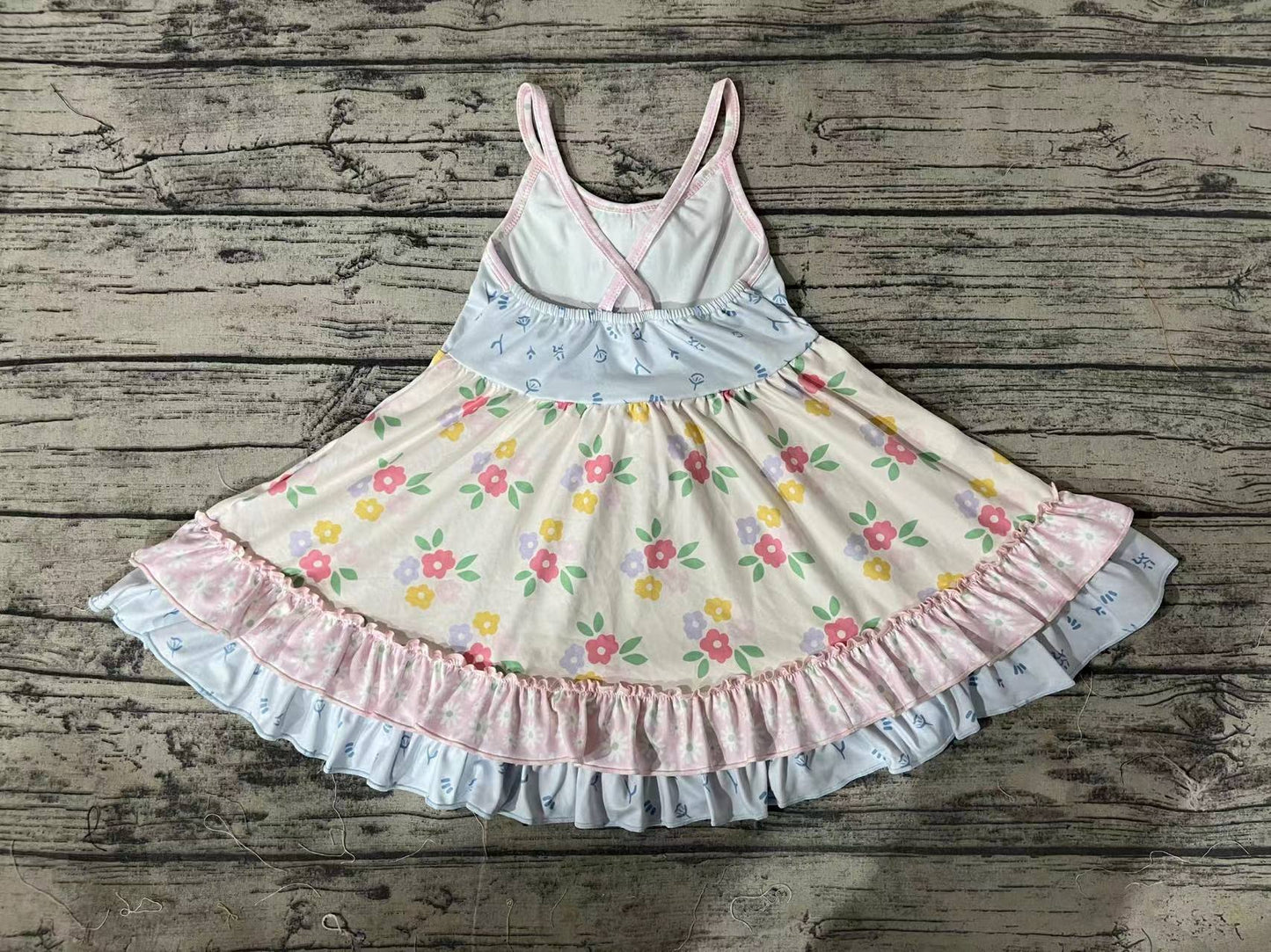 Baby Girls Straps Blue Small Flowers Ruffle Knee Length Dresses