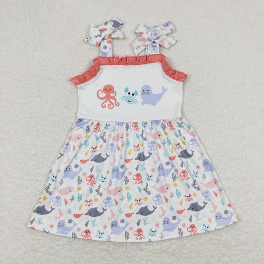 Sibling Baby Girls Strap Sea World Starfishes Crabs Knee Length Dresses