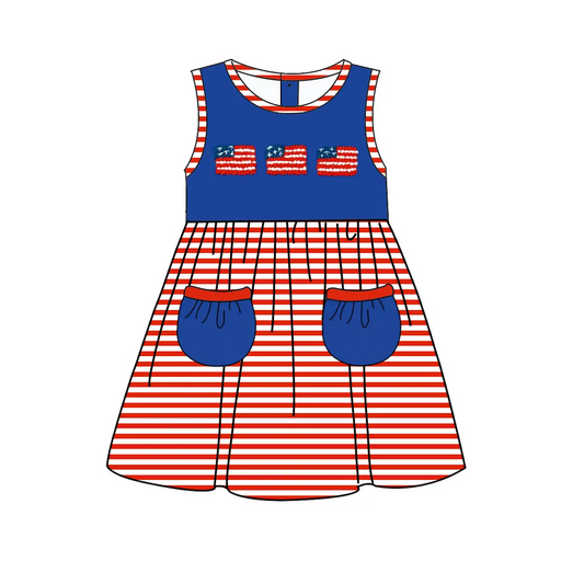 Baby Girls Sleeveless 4th Of July Pockets Flags Knee Length Dresses Preorder
