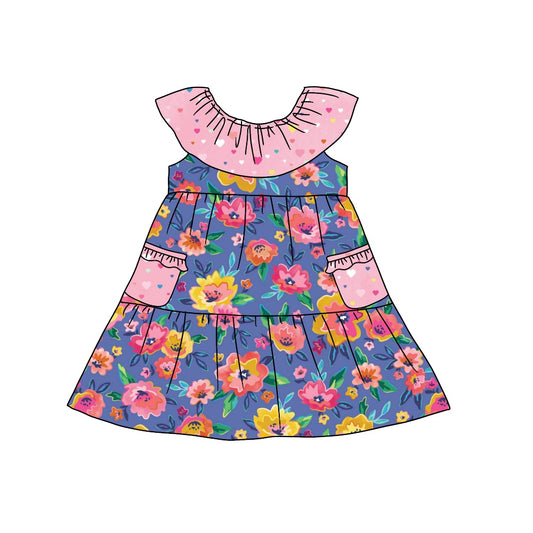 Baby Girls Blue Flowers Pink Pockets Knee Length Dresses preorder