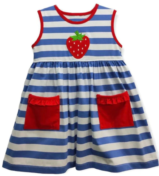 Baby Girls Blue Stripes Strawberry Pockets Knee Length Dresses preorder