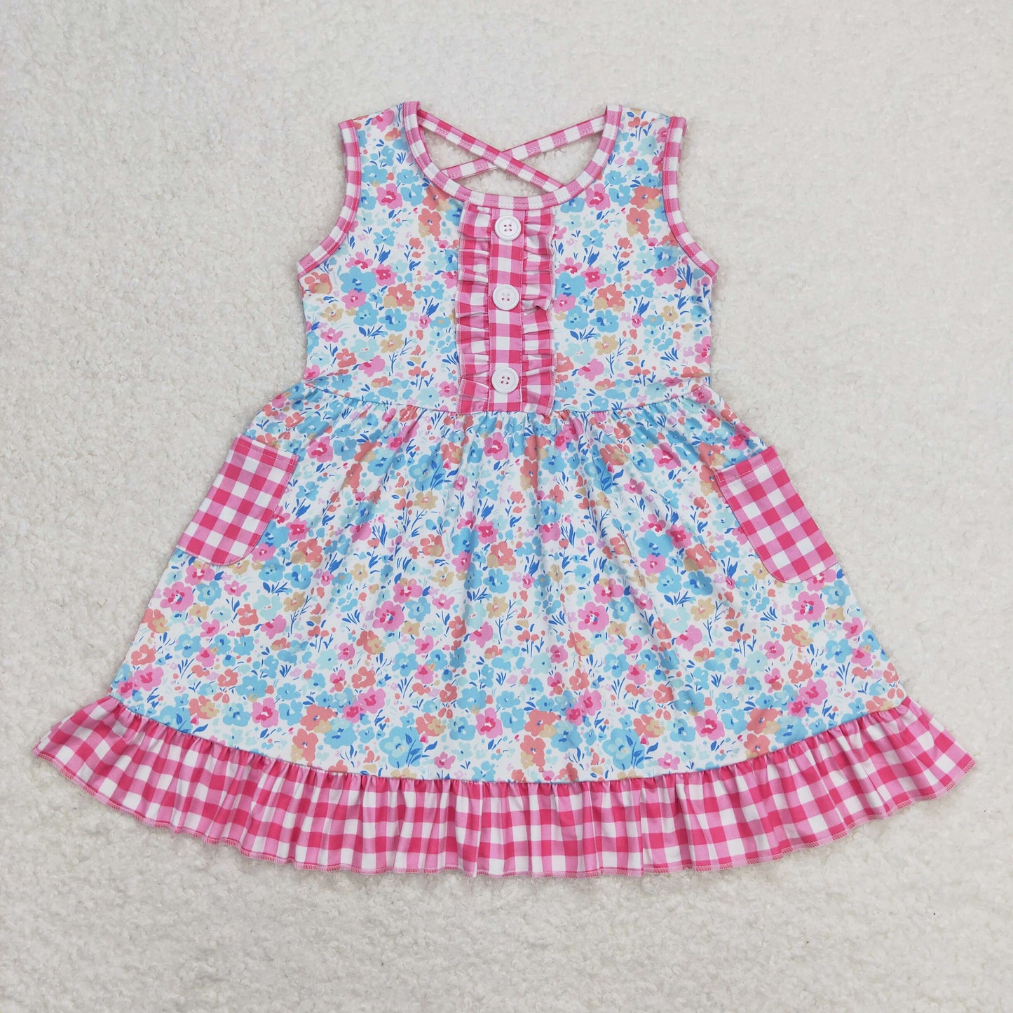 Sibling Baby Girls Flowers Plaid Button Pockets Ruffle Knee Length Dresses