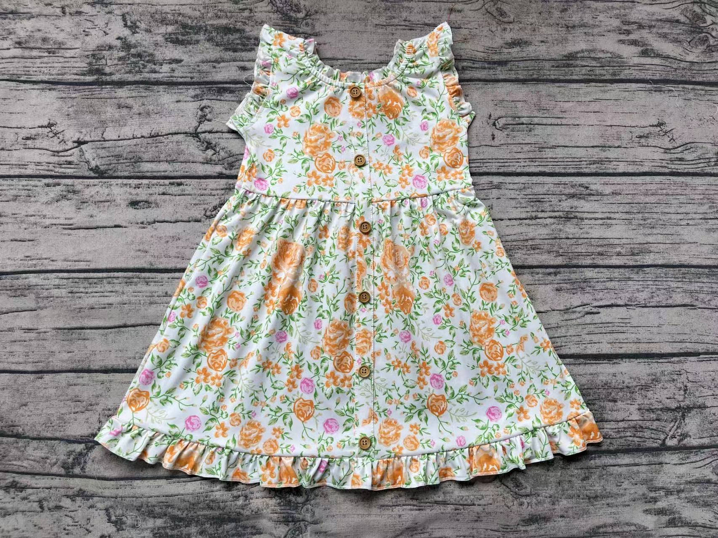 Baby Girls Yellow Flowers Sleeveless Buttons Knee Length Dresses