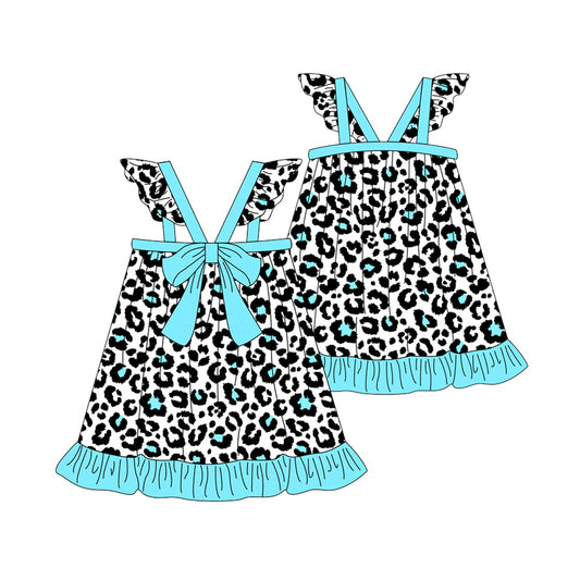 Baby Girls Blue Leopard Knee Length Bow Dresses Preorder