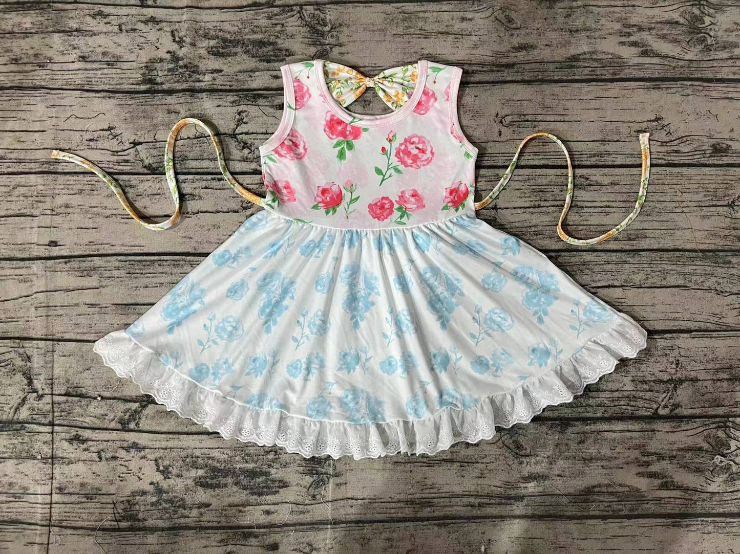 Baby Girls Pink Flowers Blue Belt Floral Ruffle Knee Length Dresses