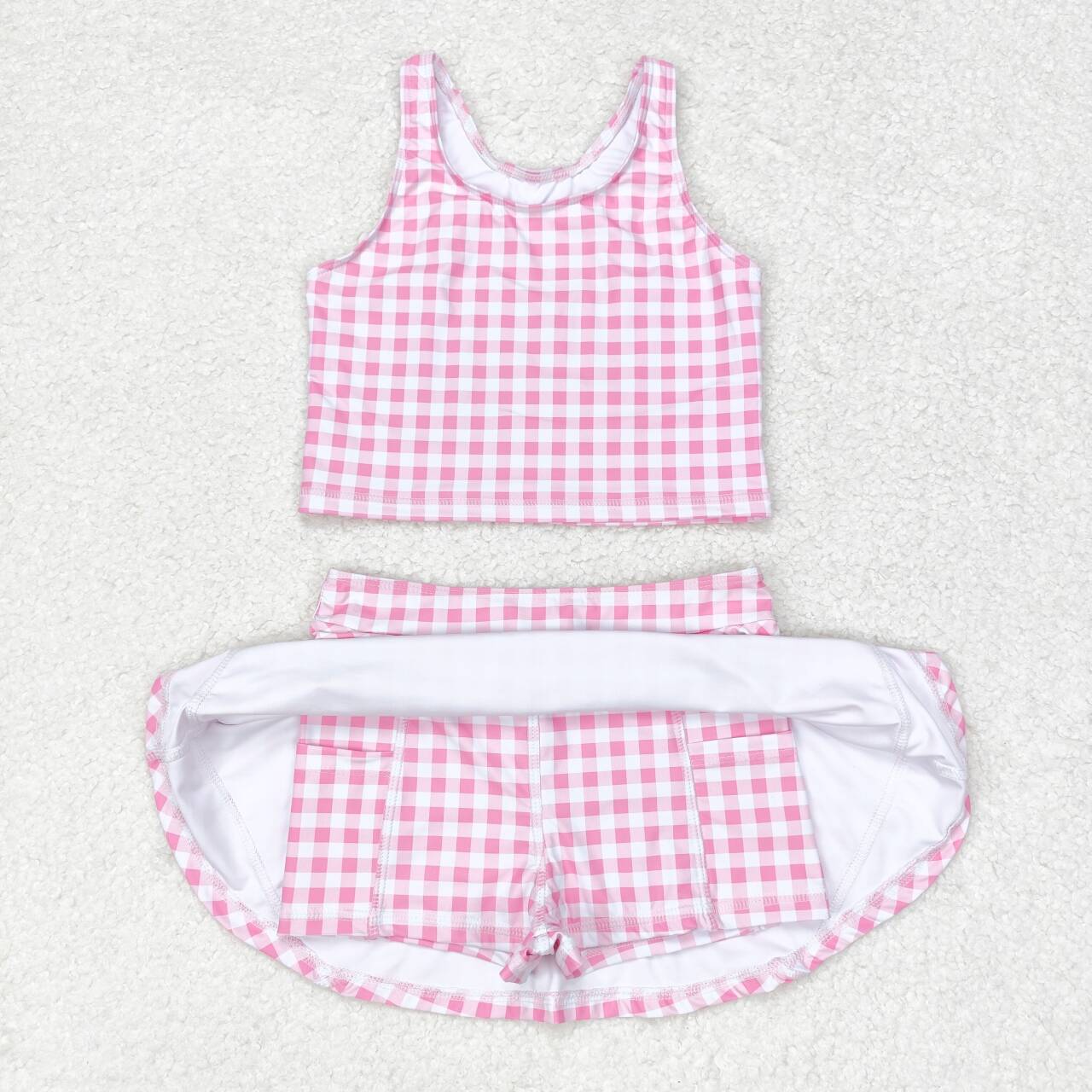 Baby Girls Summer Pink Checkered Top Skirts Clothes Sets