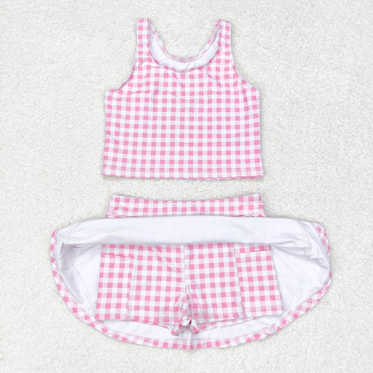 Baby Girls Summer Pink Checkered Top Skirts Clothes Sets