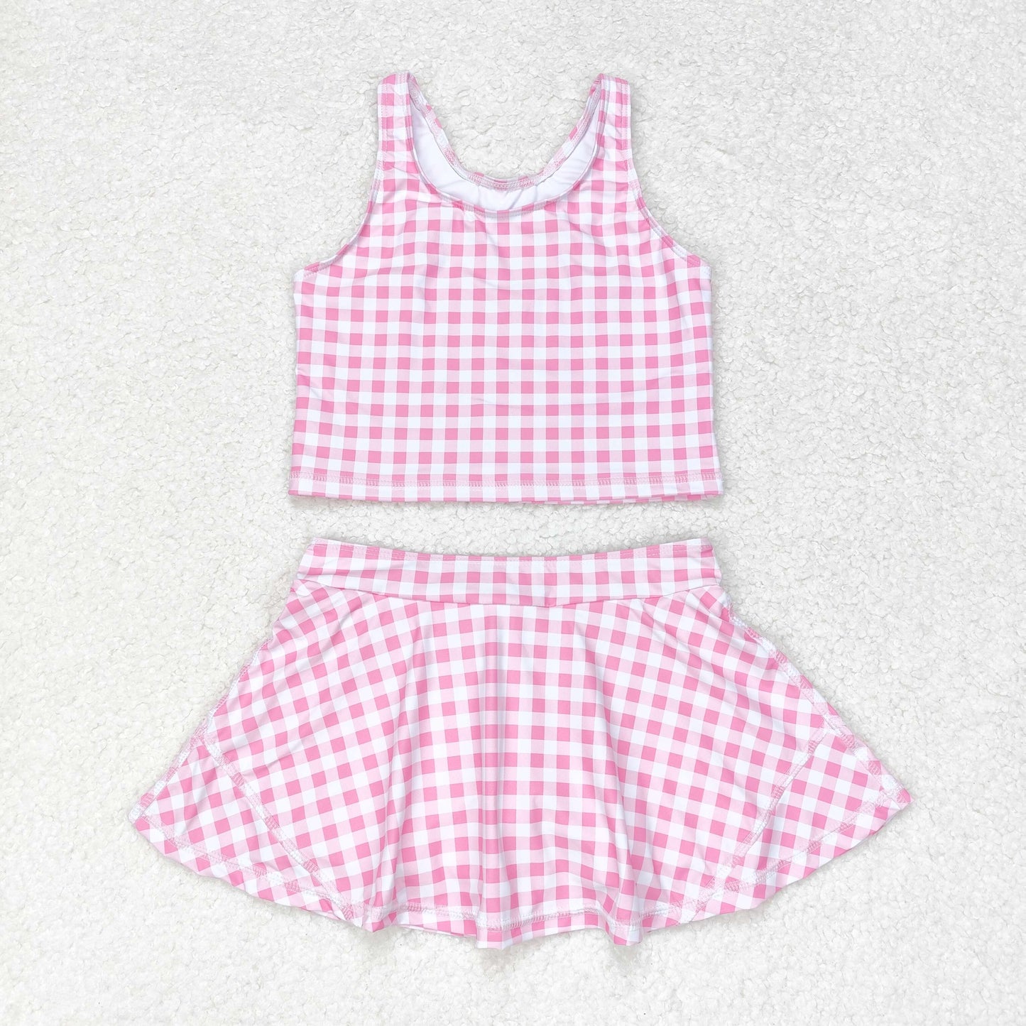 Baby Girls Summer Pink Checkered Top Skirts Clothes Sets