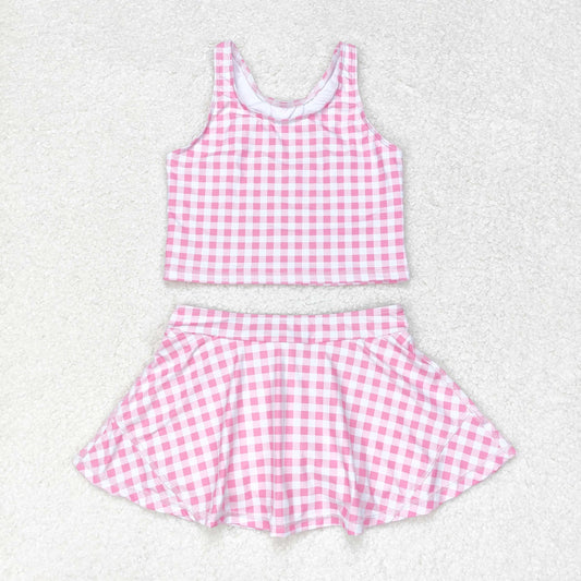 Baby Girls Summer Pink Checkered Top Skirts Clothes Sets