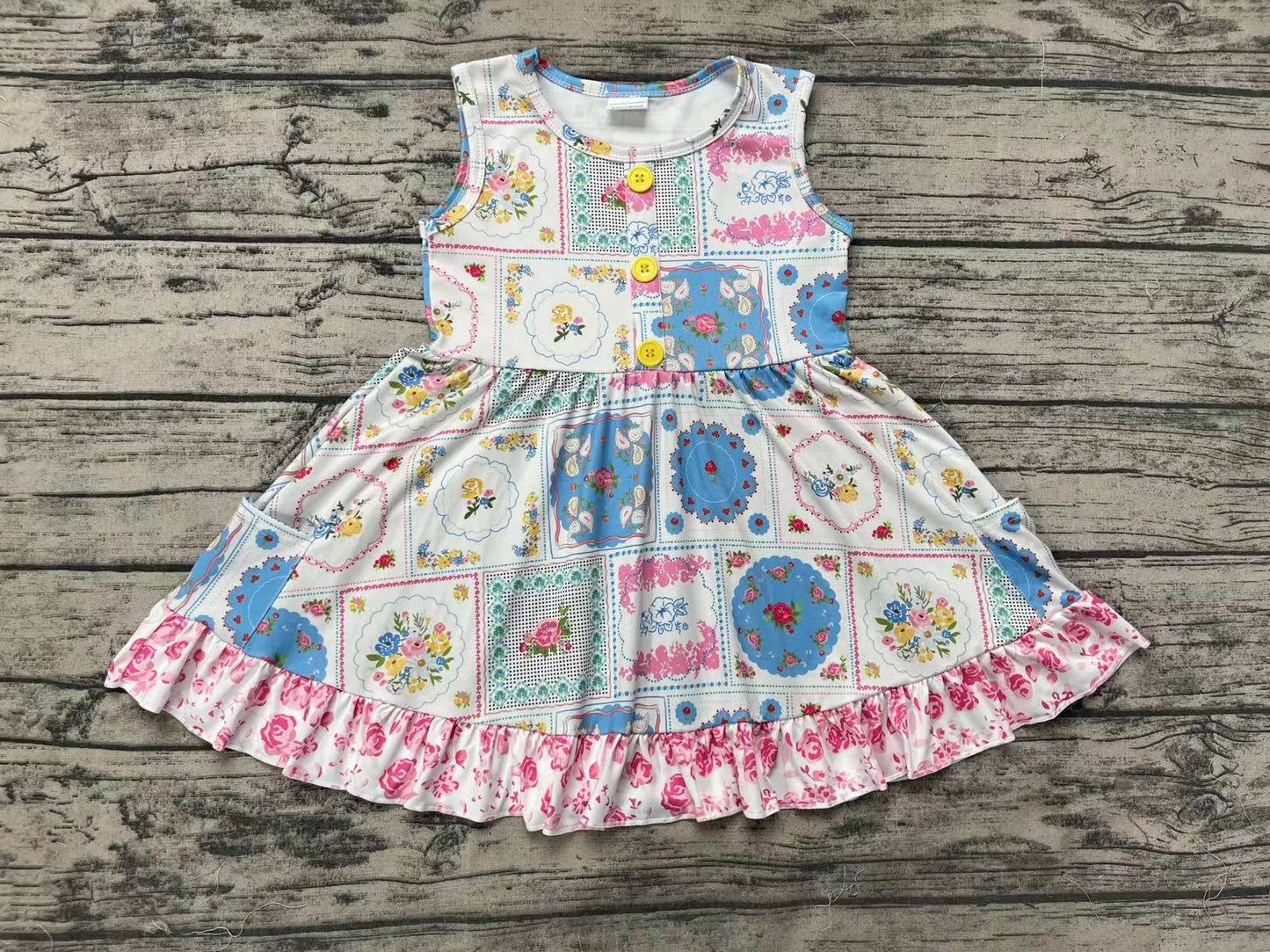 Baby Girls Summer Blue Flowers Branches Sleeveless Knee Length Dresses