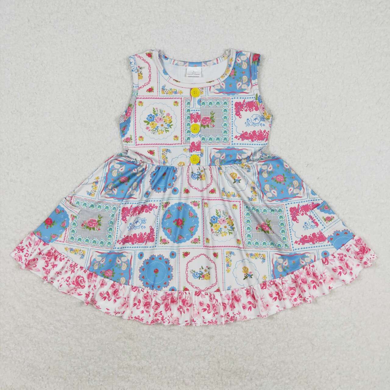 Sibling Baby Girls Sleeveless Flowers Pockets Ruffle Knee Length Dresses