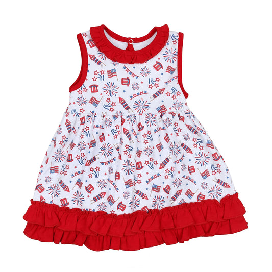 Baby Girls Red Fireworks Sleeveless 4th Of July Knee Length Dresses Preorder