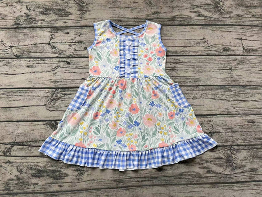 Baby Girls Blue Flowers Checkered Pocket Knee Length Dresses