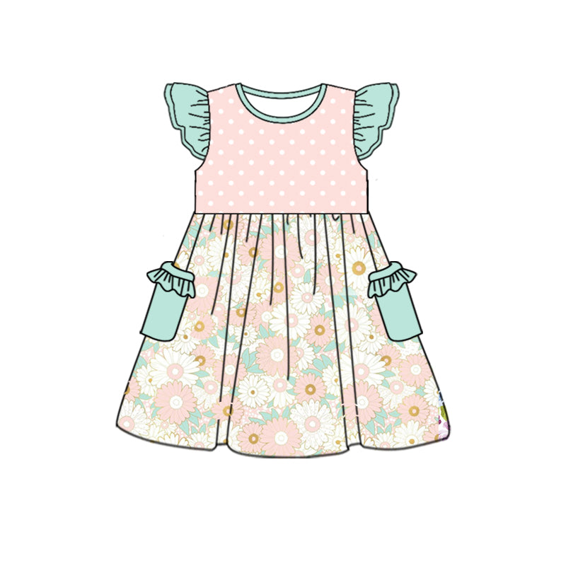 Baby Girls Toddler Pink Flowers Flutter Sleeve Knee Length Dresses Preorder