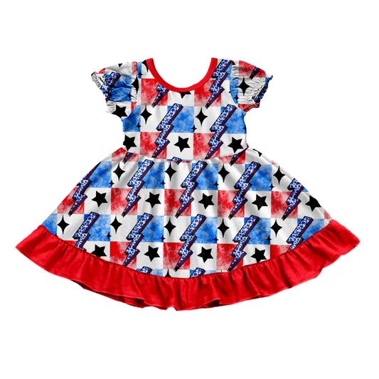 Baby Girls 4th Of July Light Short Sleeve Ruffle Knee Length Dresses Preorder