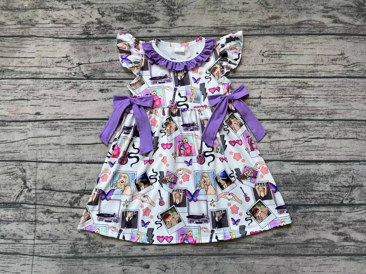 Baby Girls Purple Singer Hearts Flutter Sleeve Bows Dresses