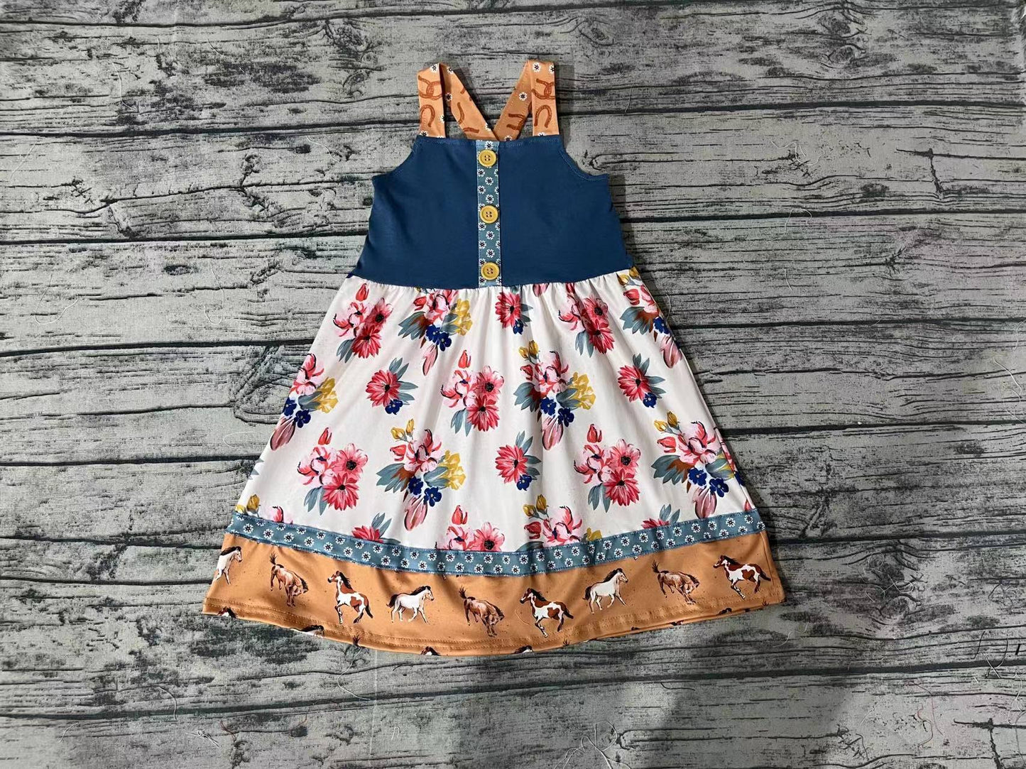 Baby Girls Western Horse Flowers Straps Knee Length Dresses