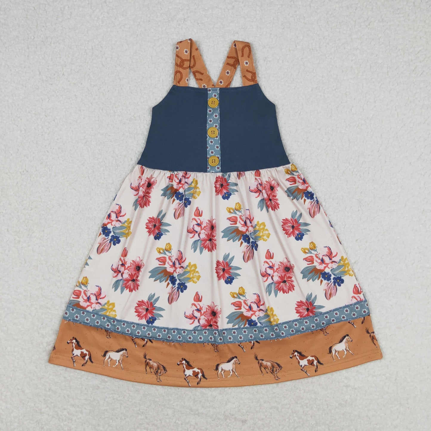 Sibling Baby Girls Bows Strap Button Pockets Floral Plaid Ruffle Knee Length Dresses