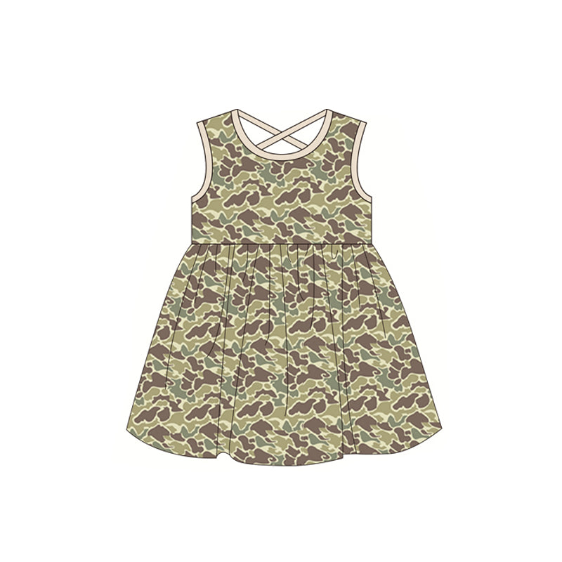 Baby Girls Green Camo Sleeveless Cross Back Knee Length Dresses Preorder