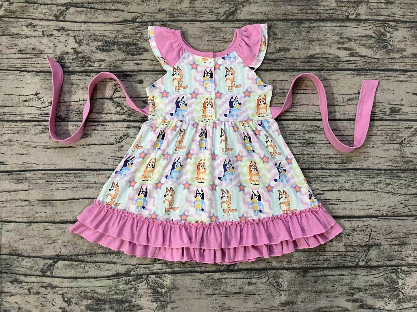 Baby Girls Colorful Dogs Belt Ruffle Knee Length Dresses