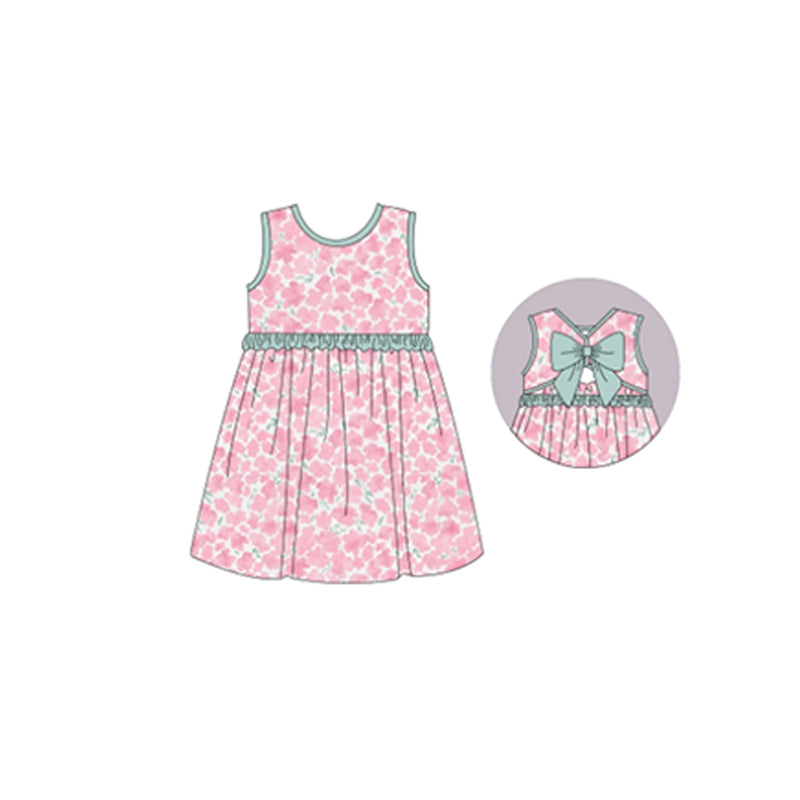 Baby Girls Pink Flowers Bows Knee Length Dresses Preorder