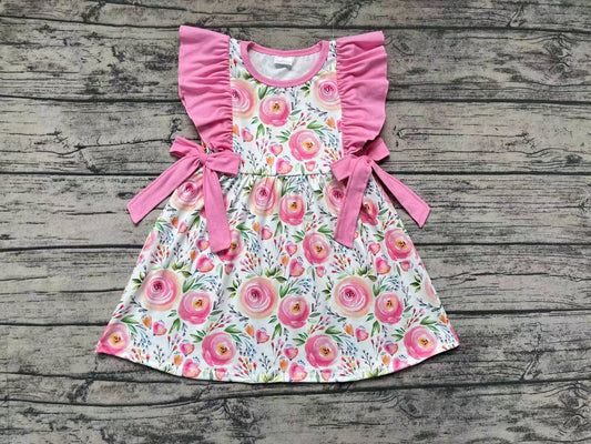 Baby Girls Pink Rose Flowers Ruffle Bows Knee Length Dresses