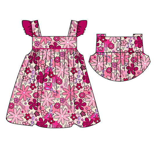 Baby Girls Pink Flowers Flutter Sleeve Knee Length Dresses Preorder