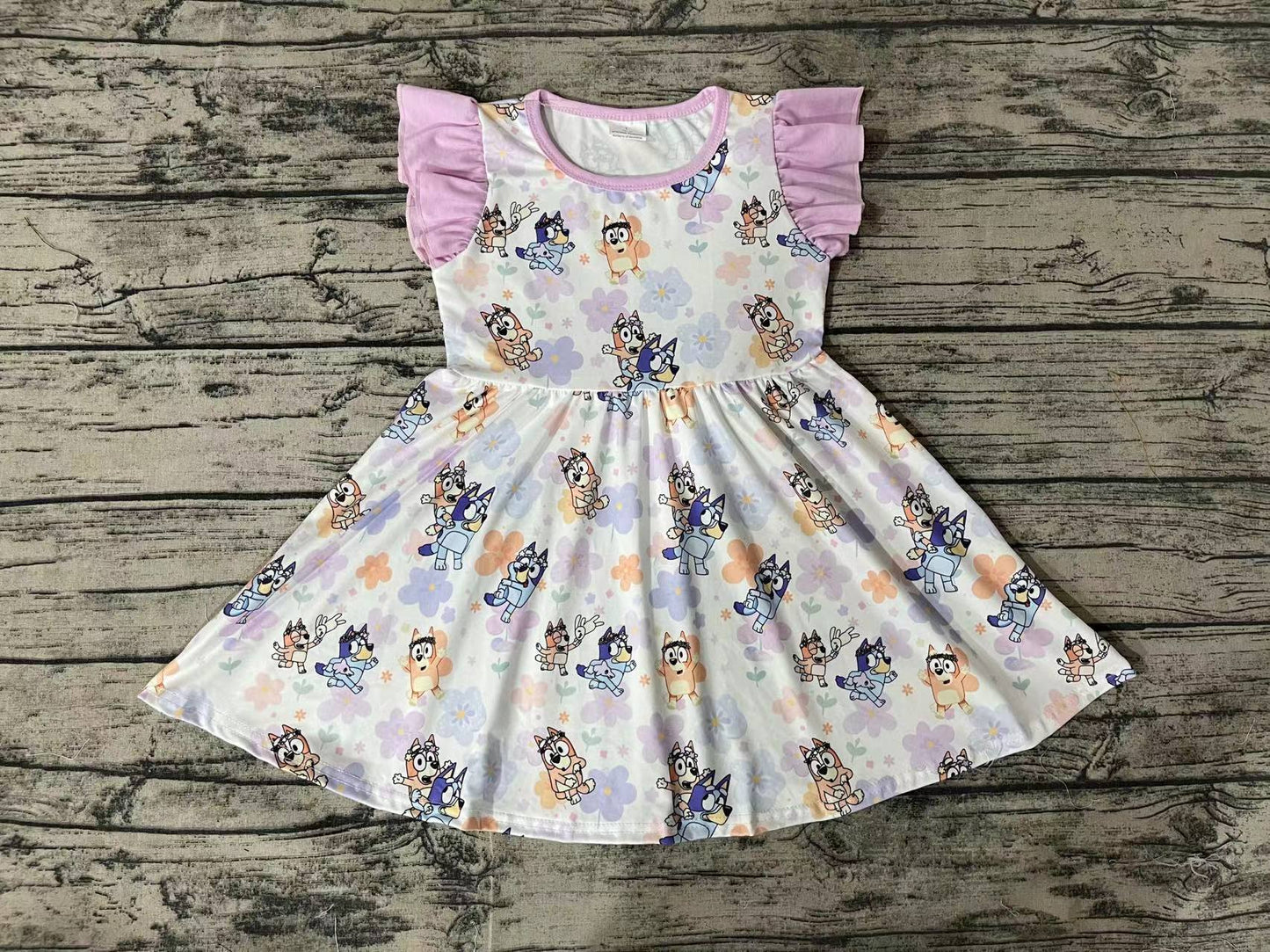 Baby Girls Blue Dogs Flowers Flutter Sleeve Knee Length Dresses