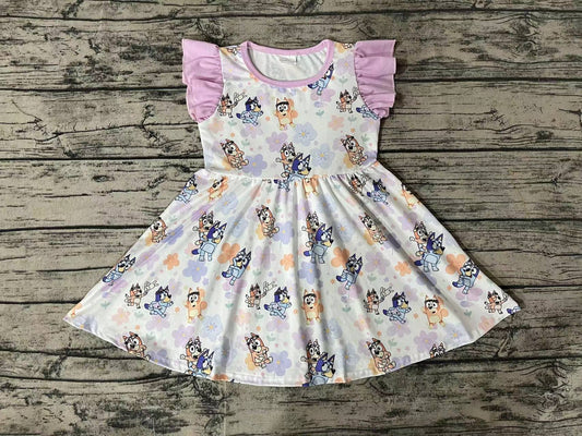 Baby Girls Blue Dogs Flowers Flutter Sleeve Knee Length Dresses