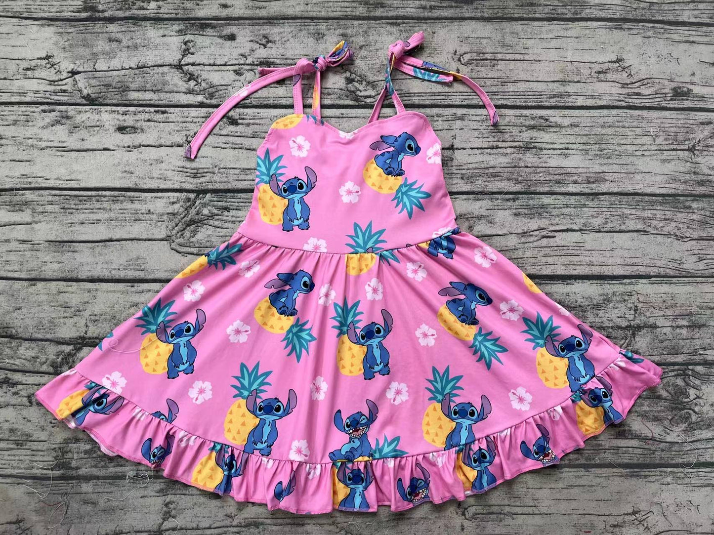 Baby Girls Strapes Pineapple Mouse Ruffle Knee Length Dresses