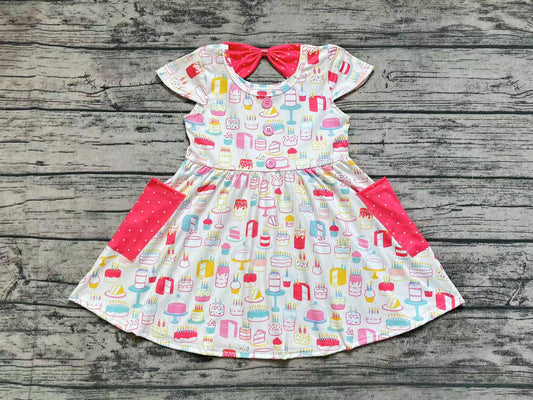 Baby Girls Short Sleeve Birthday Cake Pockets Knee Length Dresses