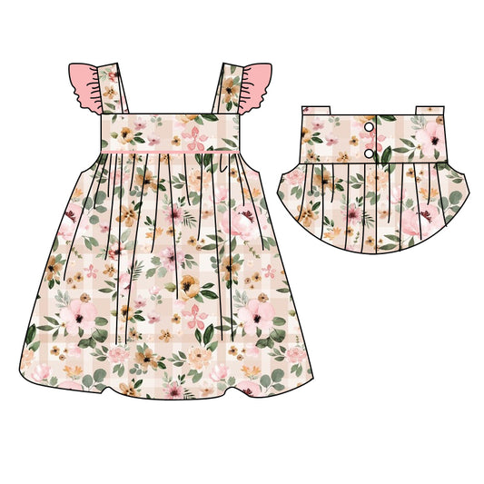 Baby Girls Pink Flowers Flutter Sleeve Knee Length Dresses Preorder