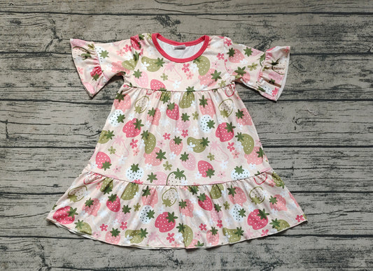 Baby Girls Short Sleeve Strawberry Ruffle Knee Length Dresses