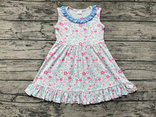 Baby Girls Blue Pink Flowers Sleeveless Knee Length Dresses