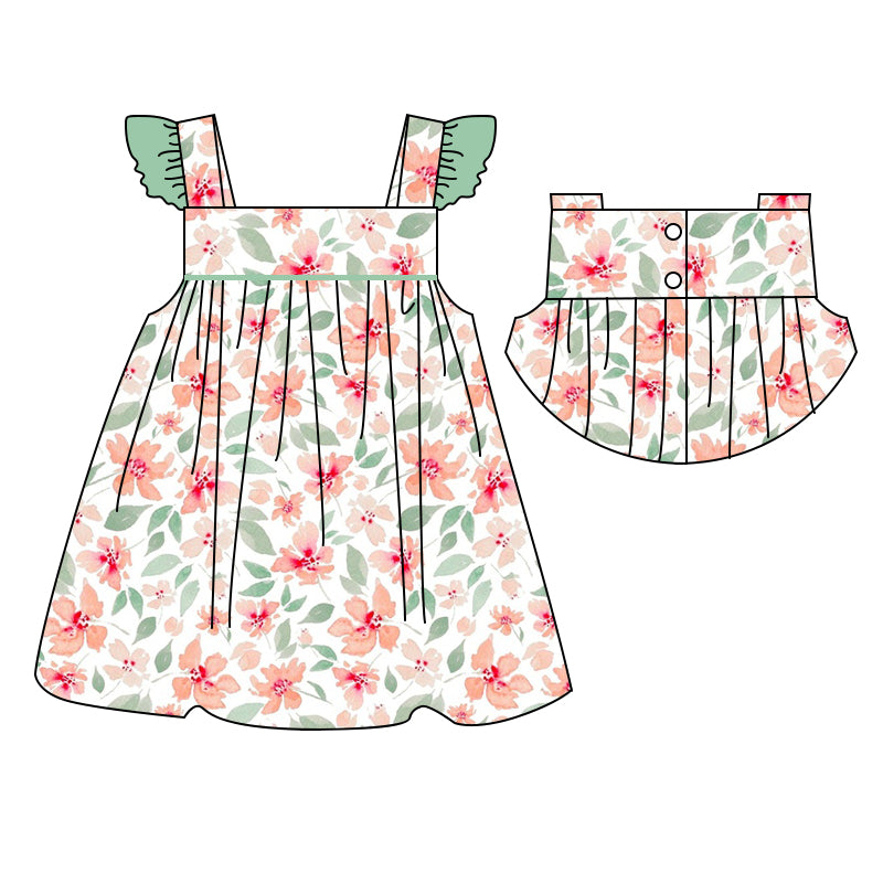 Baby Girls Green Pink Flowers Straps Ruffle Knee Length Dresses Preorder