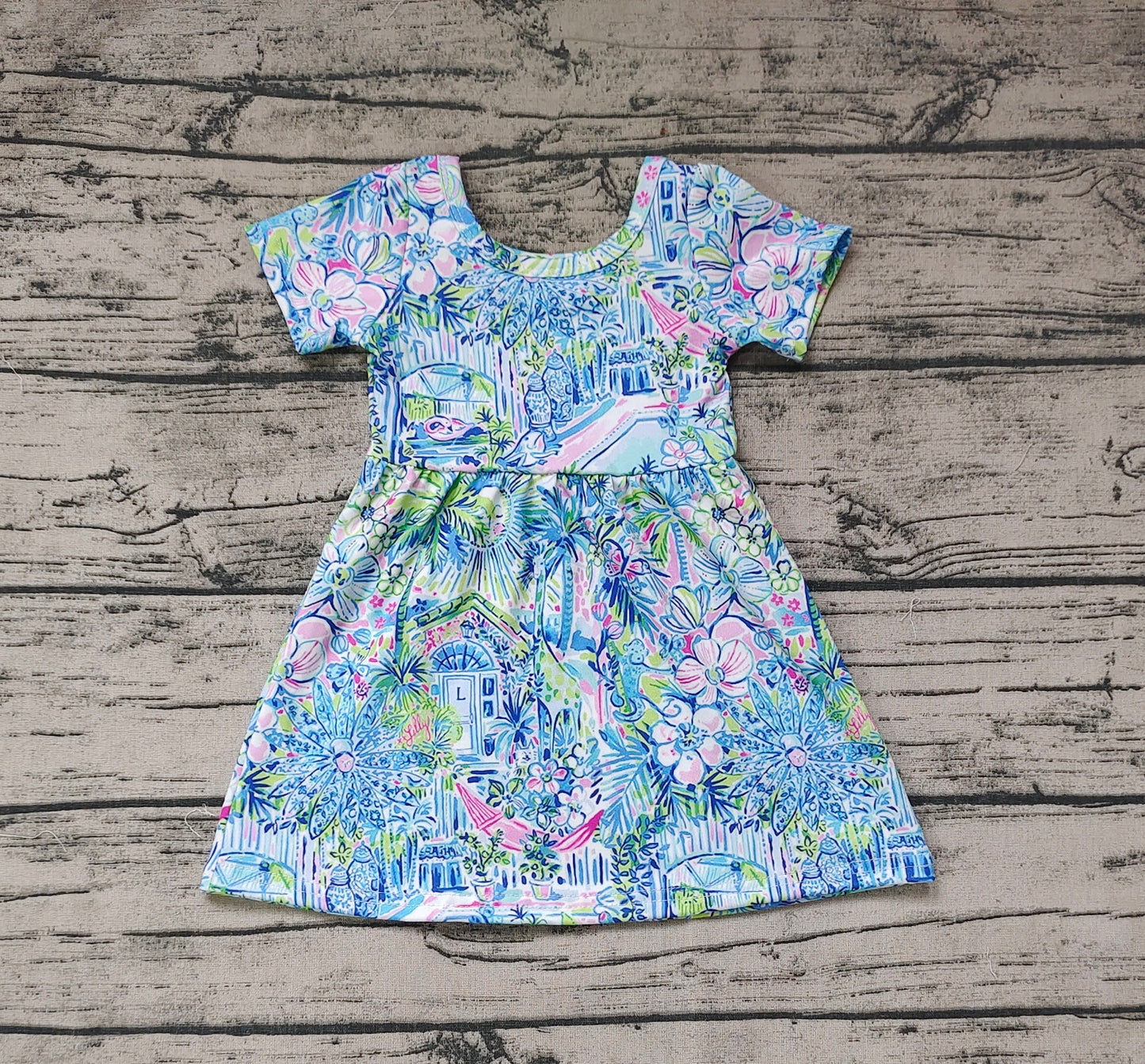 Baby Girls Blue Flowers Short Sleeve Knee Length Dresses