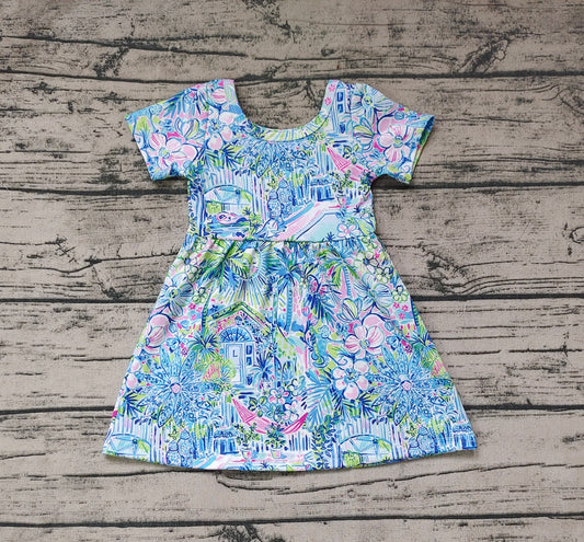 Baby Girls Blue Flowers Short Sleeve Knee Length Dresses