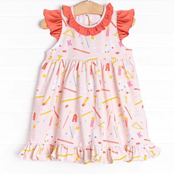 Baby Girls Flutter Sleeve Rulers Back To School Knee Length Dresses Preorder