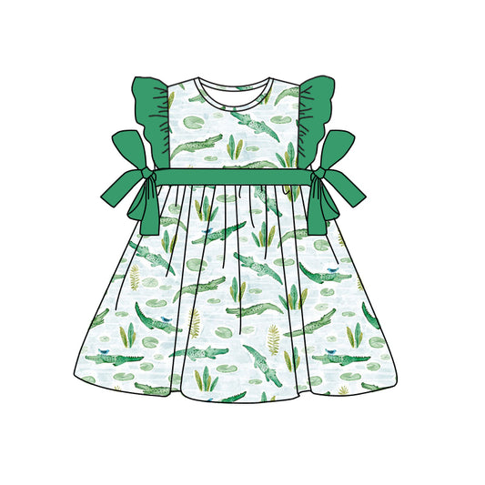 Baby Girls Green Crocodile Bows Ruffle Knee Length Dresses Preorder