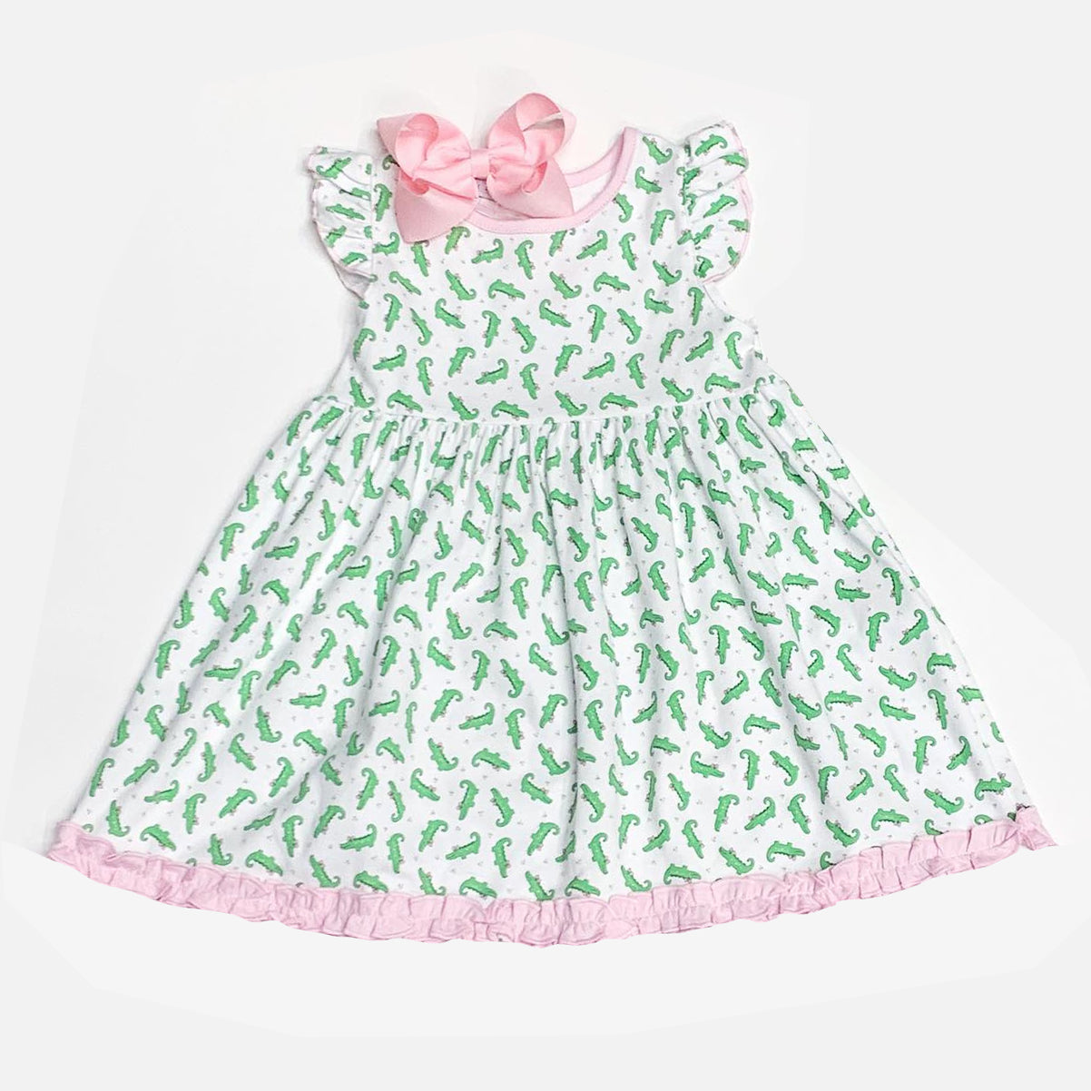 Baby Girls Green Crocodile Flutter Sleeve Ruffle Knee Length Dresses Preorder