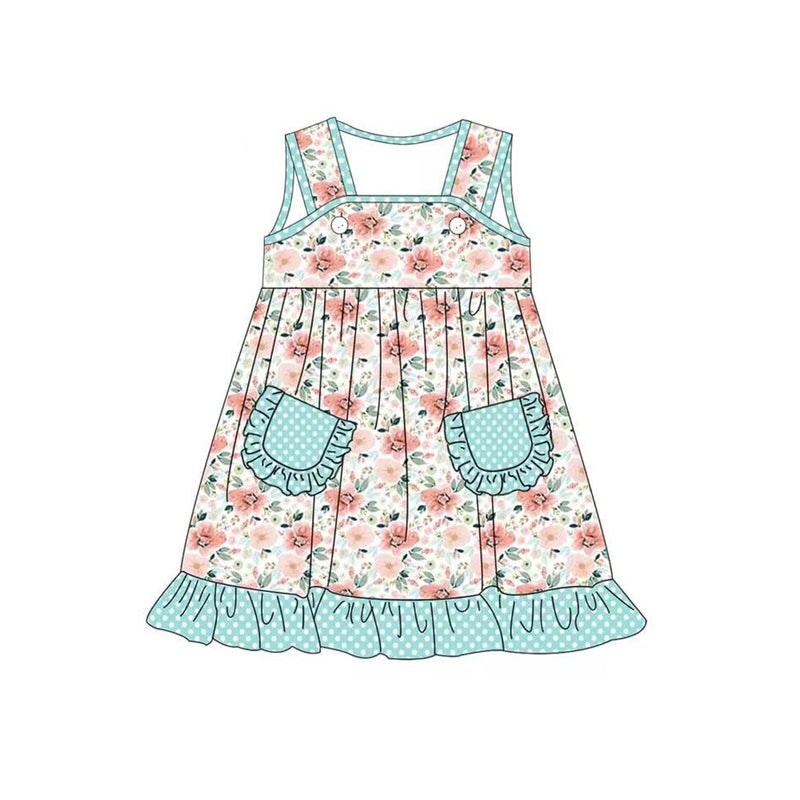 Baby Girls Blue Flowers Pockets Knee Length Dresses Preorder