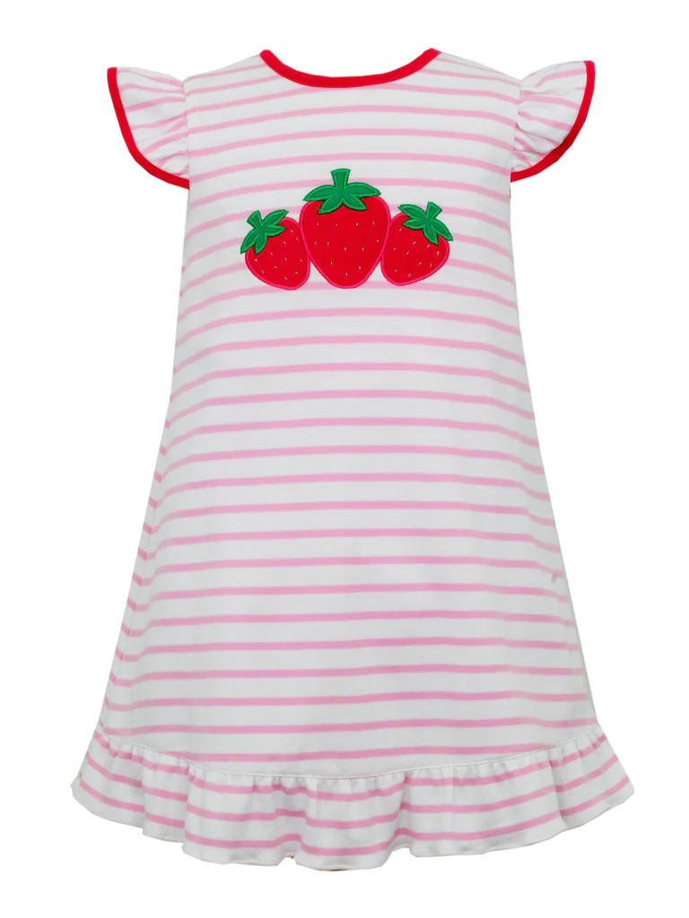 Baby Girls Pink Stripes Strawberry Flutter Sleeve Knee Length Dresses Preorder